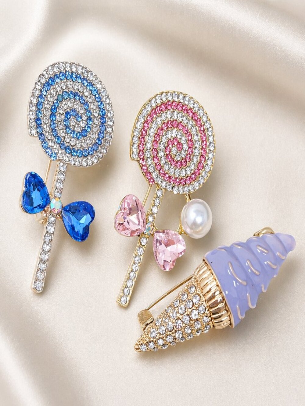 Sweet Delights Brooches– Lollipop & Ice Cream Sparkling Pins of 3 Rhinestones